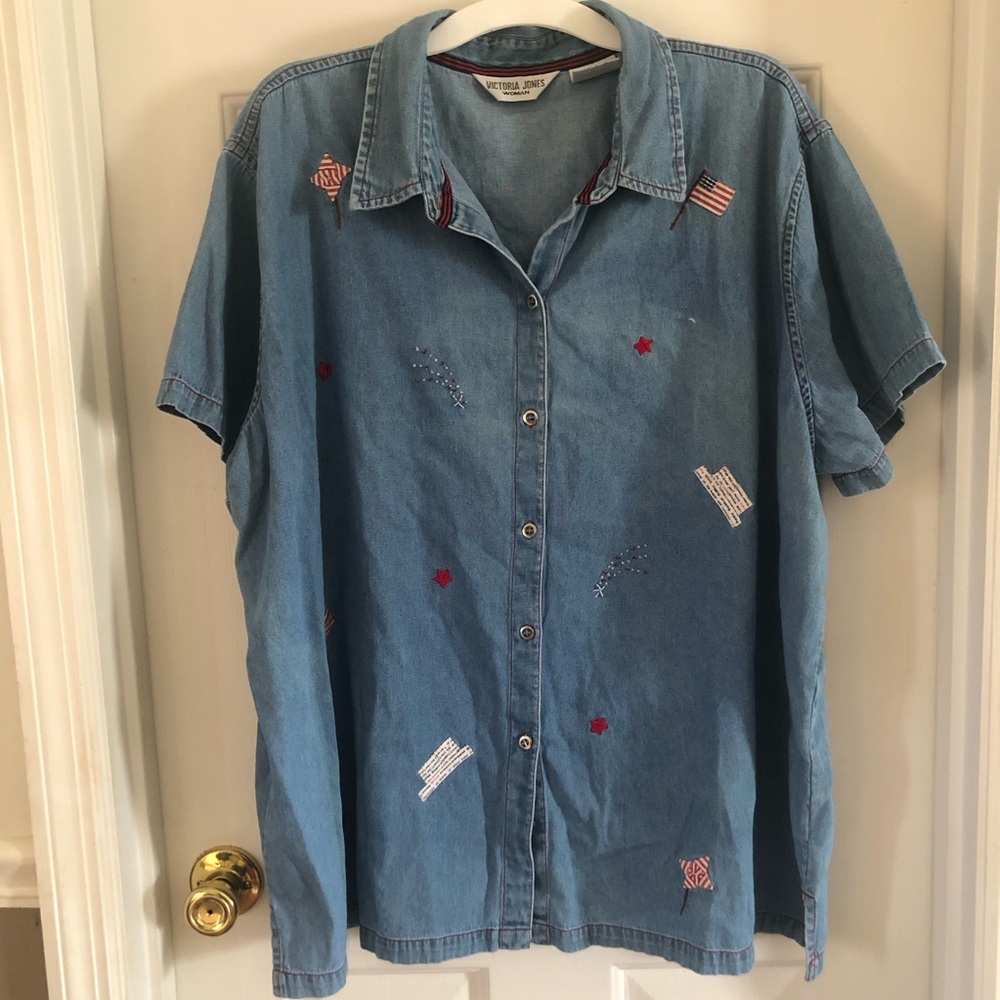 Victoria Jones Women Denim Embroidered Patriotic Button Down Americana Blouse 3X